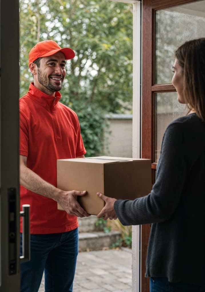 Delivery person handing a package to a woman at her door